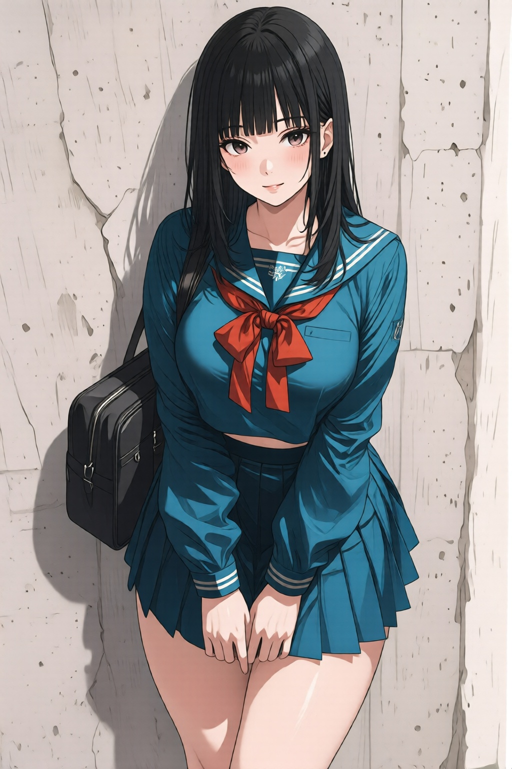 nijidigital3q anime illustration. Overhead view of a young woman with long black hair and bangs. She is wearing a blue sai...