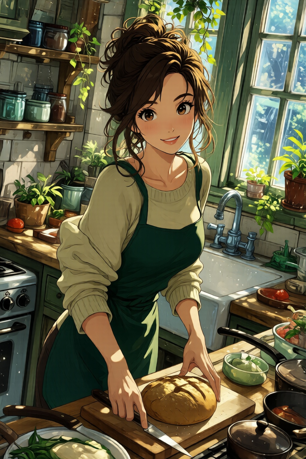 nijidigital3q anime illustration. A woman standing in a cozy kitchen. She is wearing a green apron over a light-colored sw...