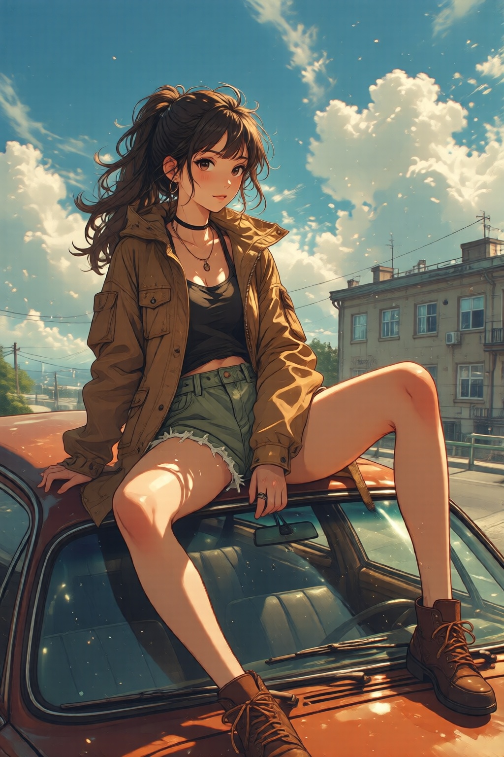 nijidigital3q anime illustration. A young woman sitting on the roof of a red vintage car. She is wearing a brown jacket,...