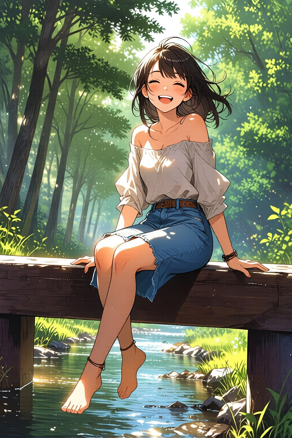 nijidigital3q anime illustration. A young woman sitting on a wooden bridge in a serene,  natural setting. She is wearing a...