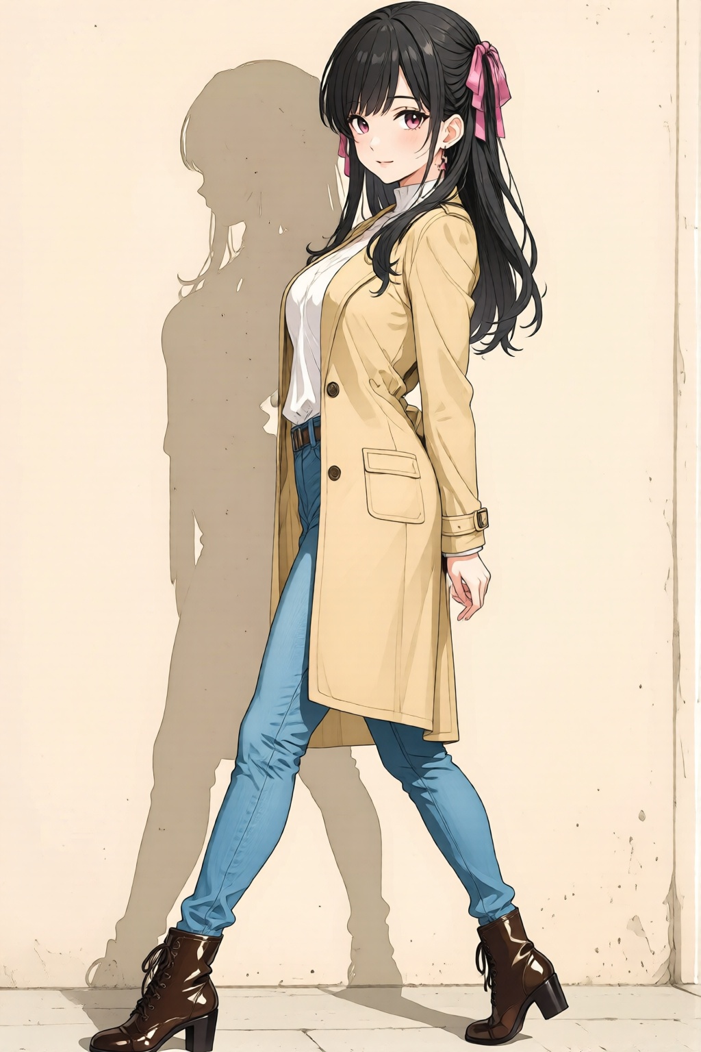 nijidigital3q anime illustration. A young woman,  shown in side profile,  with long black hair tied into twin ponytails wi...