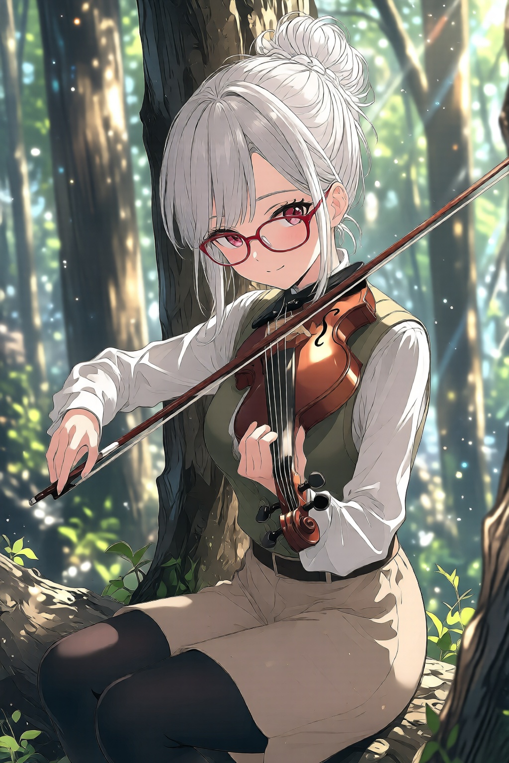nijidigital3q anime illustration. A girl playing a violin in a forest while seated on a tree stump. The girl has long whit...