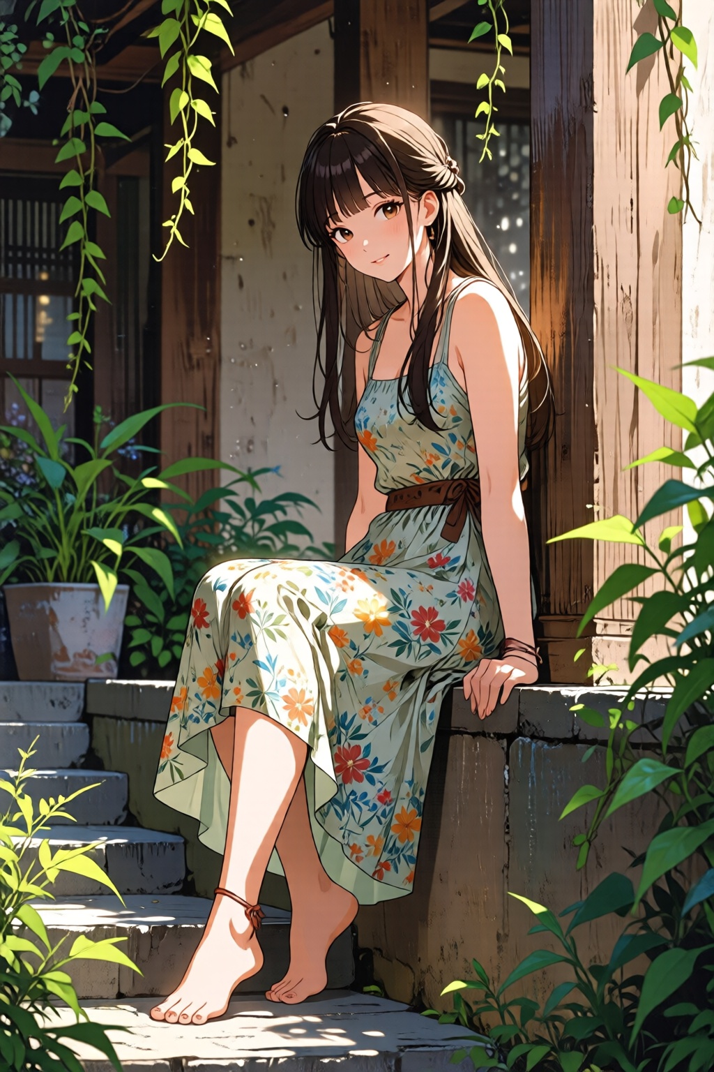 nijidigital3q anime illustration. A young woman sitting on a stone ledge outdoors. She is wearing a yellow sundress with a...