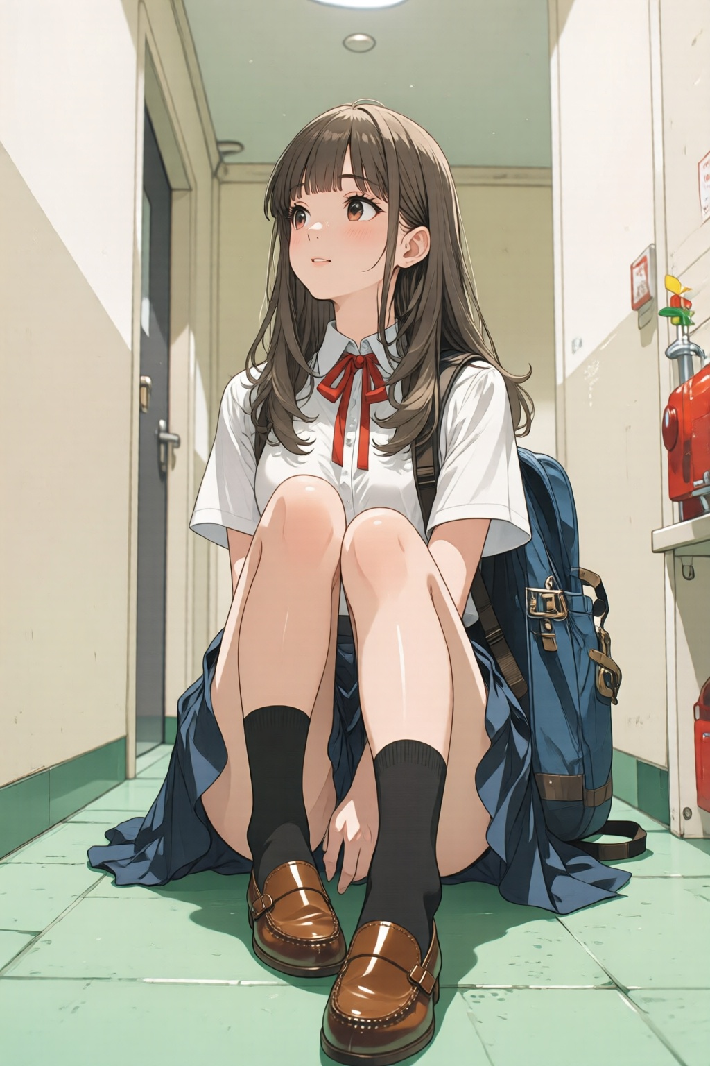 nijidigital3q anime illustration. Low-angle view of a girl sitting on the floor of a hallway. She is wearing a white blous...
