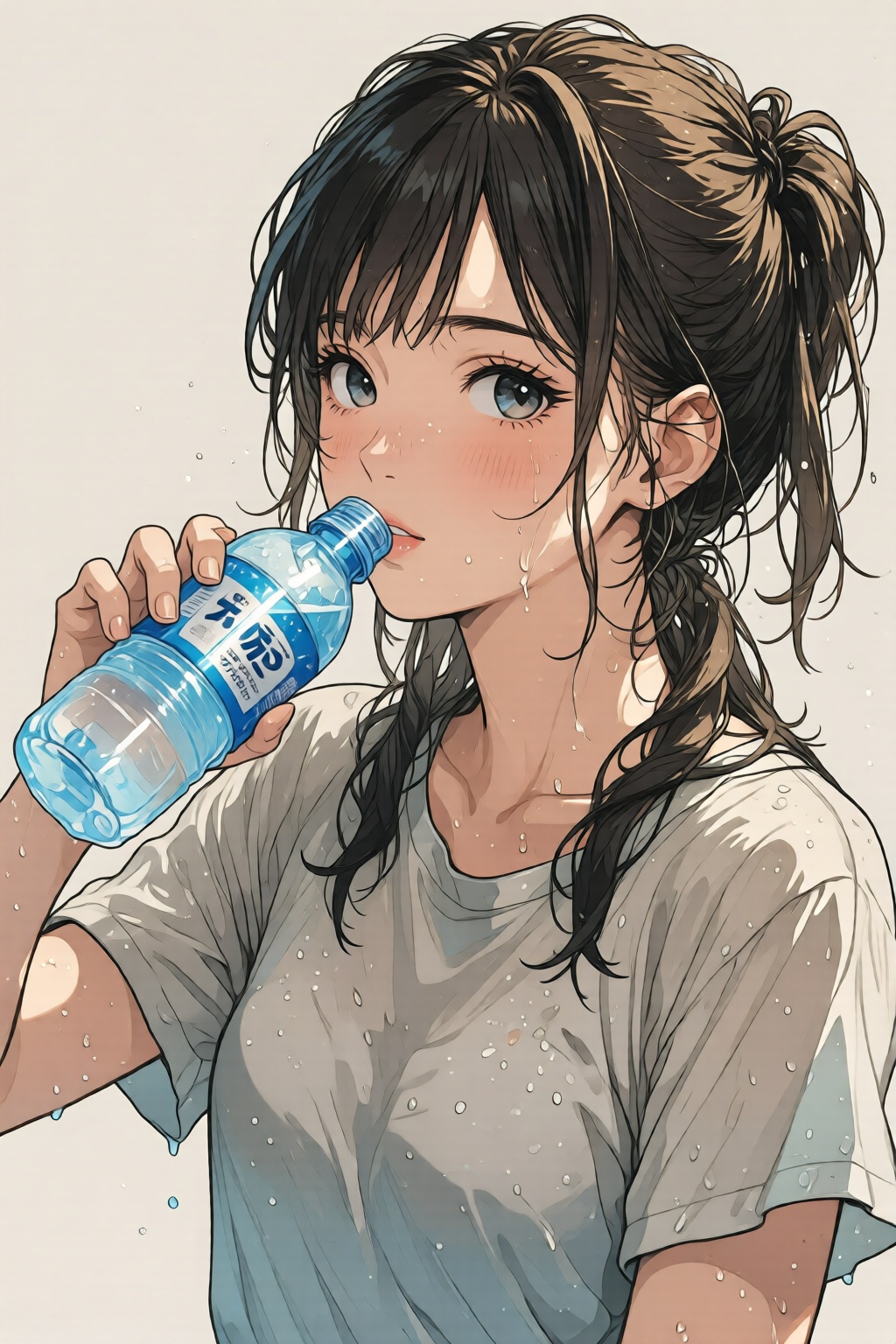 nijidigital3q anime illustration. A young woman is drinking from a transparent blue water bottle. She has wet hair tied in...