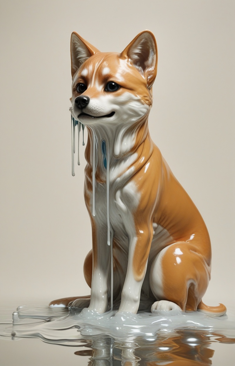 Meltcreaplay. Shiba Inu dod. Portrait of a Shiba Inu dog in a full body,  sitting pos. Portrait of a dog,  melting face an...