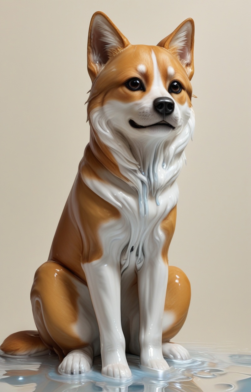 Meltcreaplay. Shiba Inu dog. Portrait of a Shiba Inu dog in a full body,  sitting pos. Portrait of a dog,  melting face an...