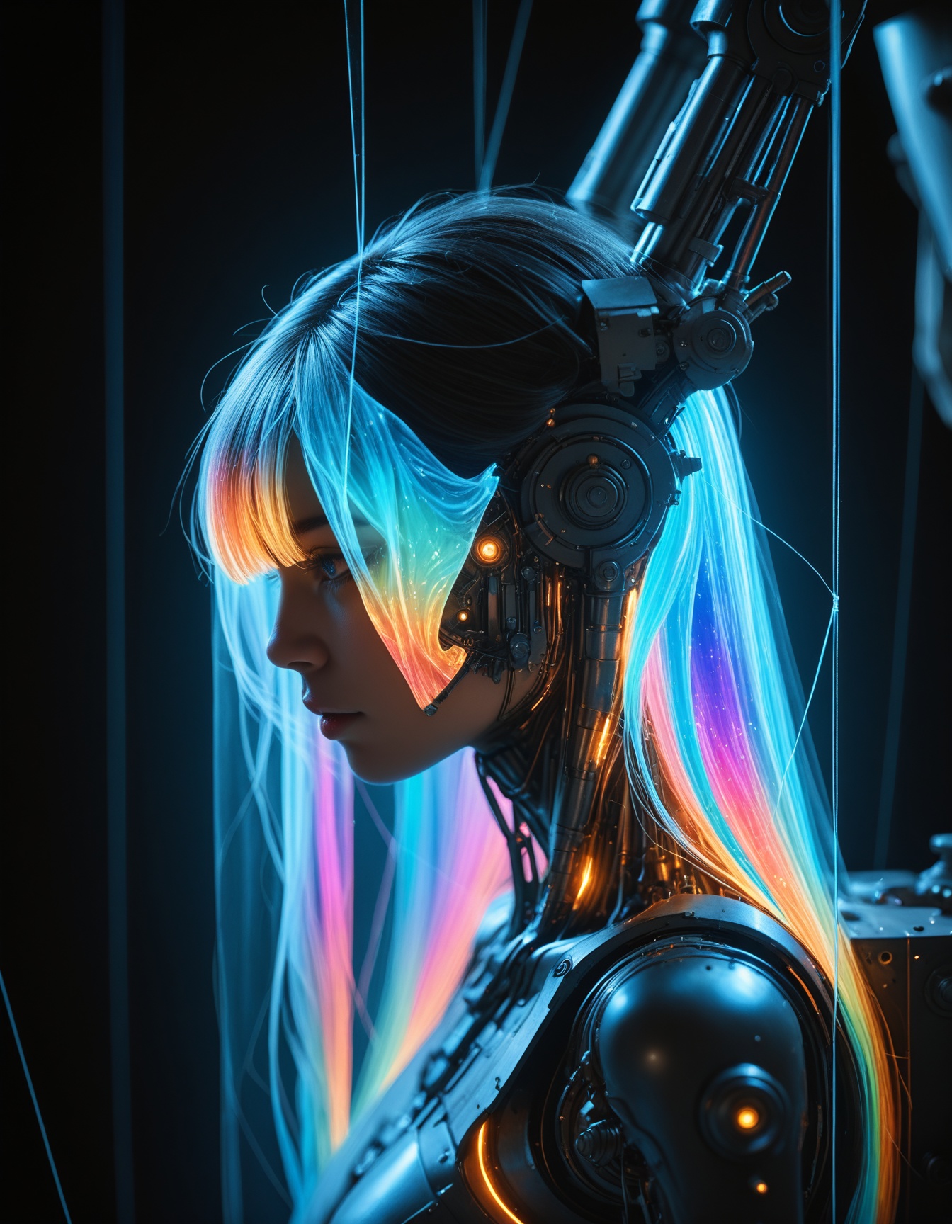 A side-view photo of a woman made of elaborate machinery In the dark. Her hair is made of transparent thread. Her transpar...