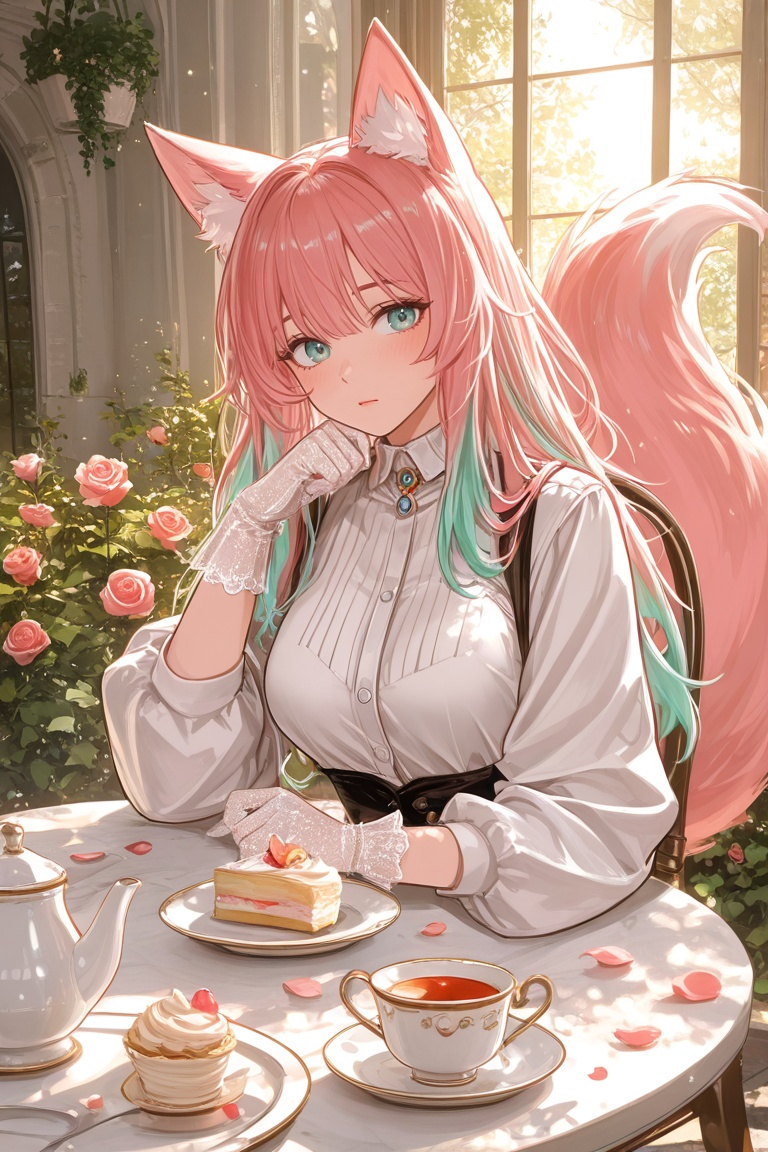 Dynamic pose,  rose garden,  tea set on Tensor.Art
