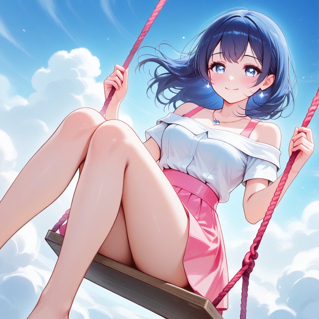 A dreamy cloud-style JK beauty wearing a white JK uniform with a bare shoulder design sits on a floating cloud swing,  sho...
