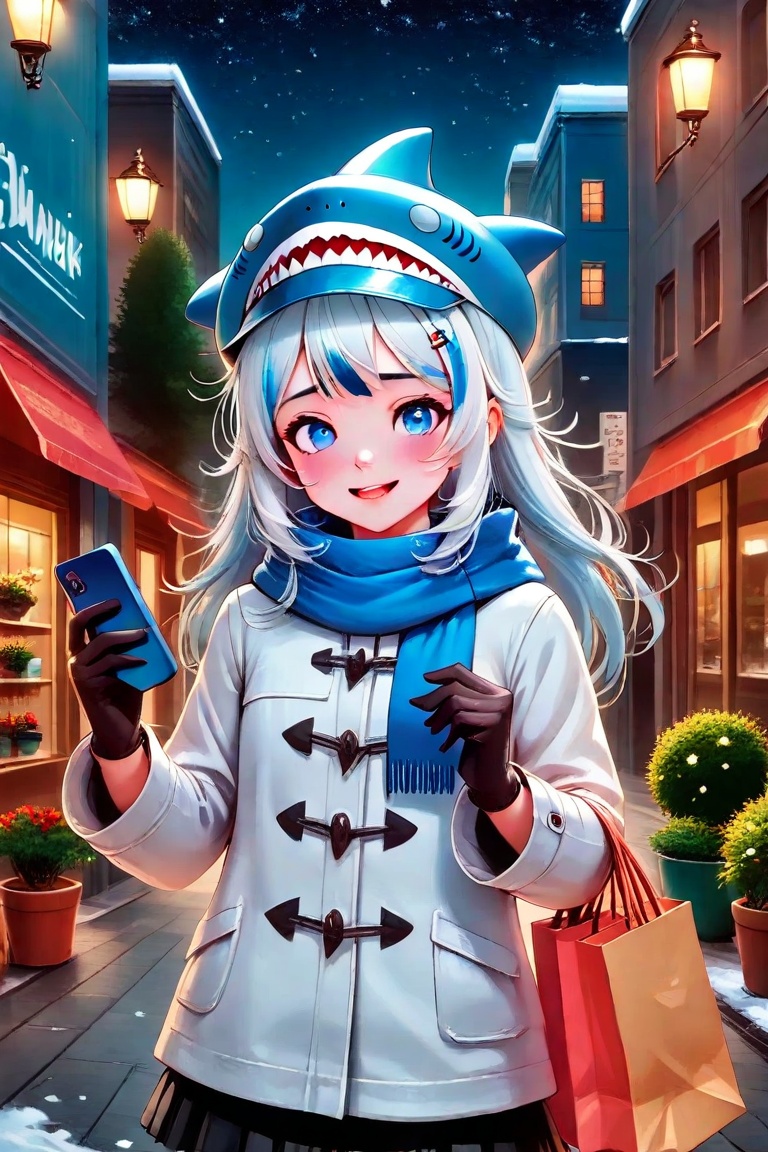 digital art,  anime style,  young girl with long blue and white hair on Tensor.Art