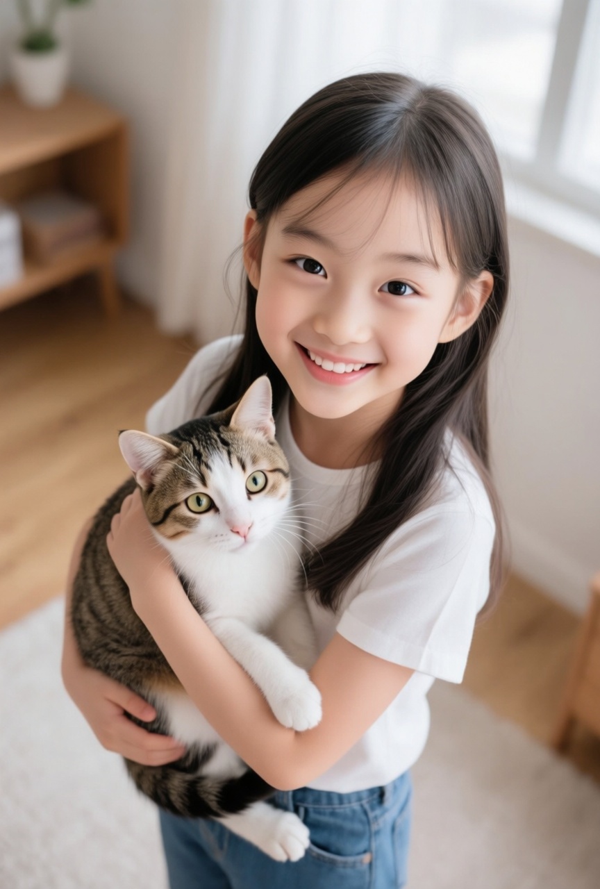 little Korean girl with friendly smile is holding a cat in her room,  view from above,  8k on Tensor.Art