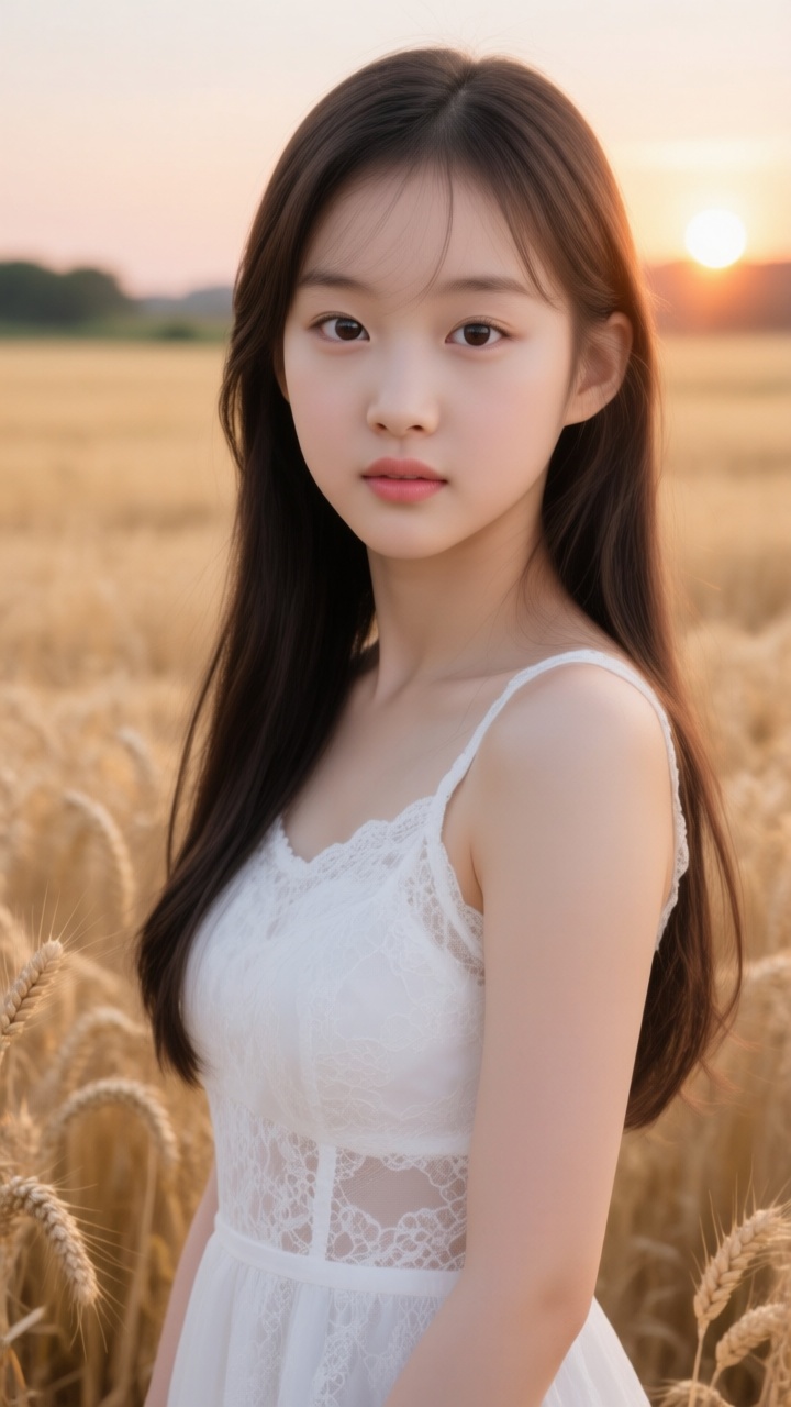 A Cute Korean girl with long hair in a white lace dress poses against the backdrop of golden wheat fields and a sunset,  w...