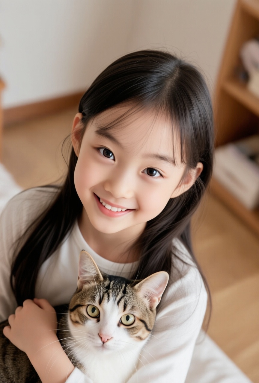 little Korean girl with friendly smile is holding a cat in her room,  view from above,  8k on Tensor.Art