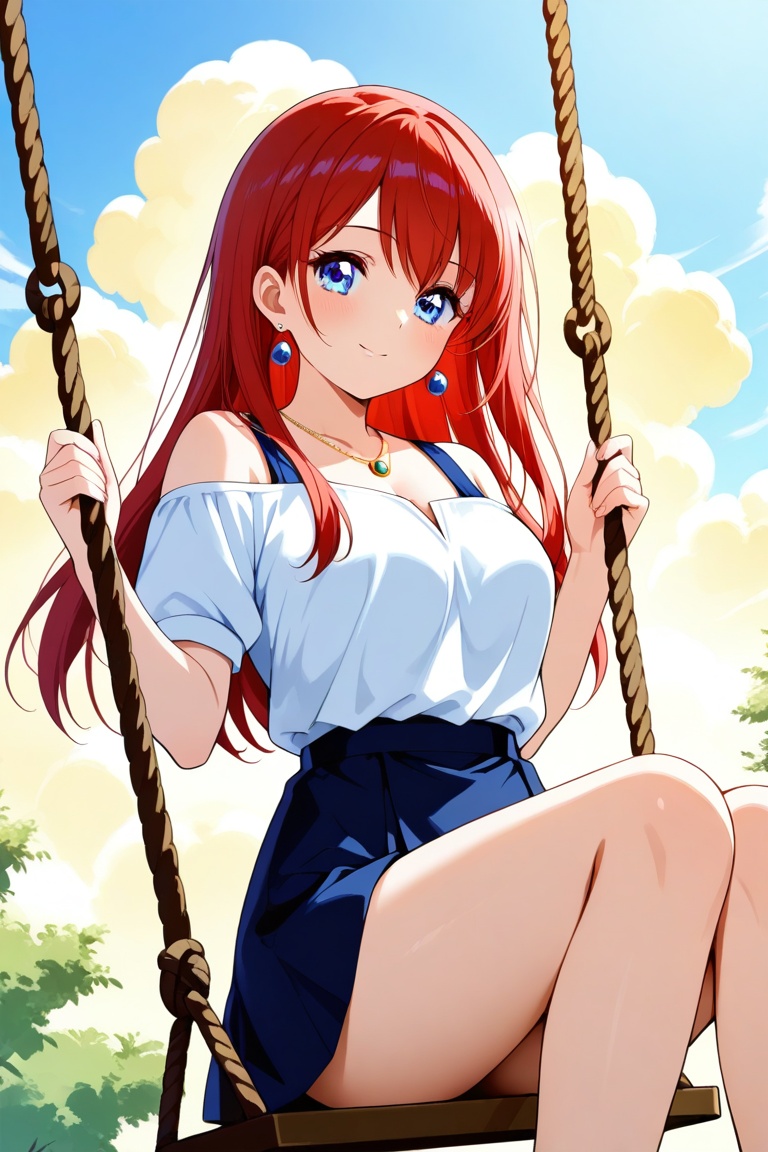 A dreamy cloud-style JK beauty wearing a white JK uniform with a bare shoulder design sits on a floating cloud swing,  sho...