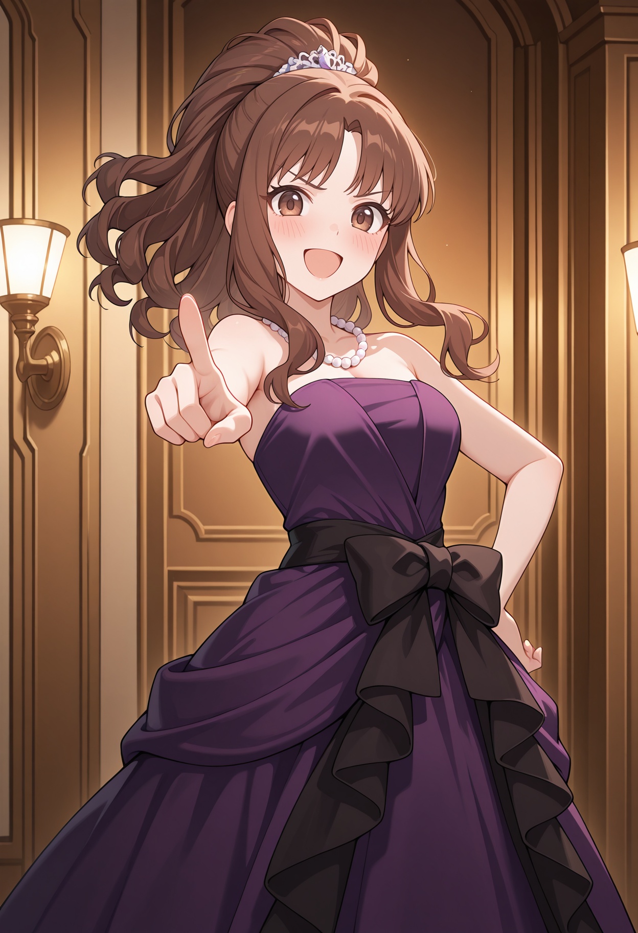 bead necklace,  purple dress,  strapless dress on Tensor.Art