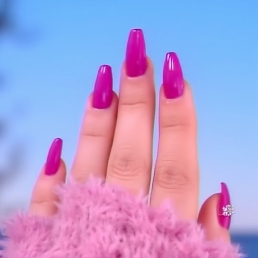 bright blue sky. The scene features a series of rugged,  transitioning from a light pink at the edges to a deeper pink tow...
