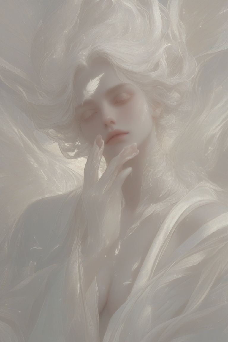Create an image that captures an ethereal,  highly stylized figure with a serene expression. The person's face is partiall...