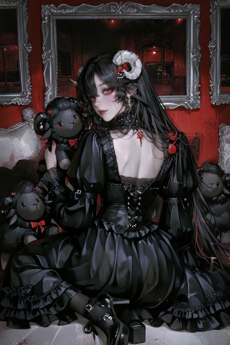 a young woman with extremely long,  wavy black hair and striking red eyes sits on the ground,  leaning back slightly with...