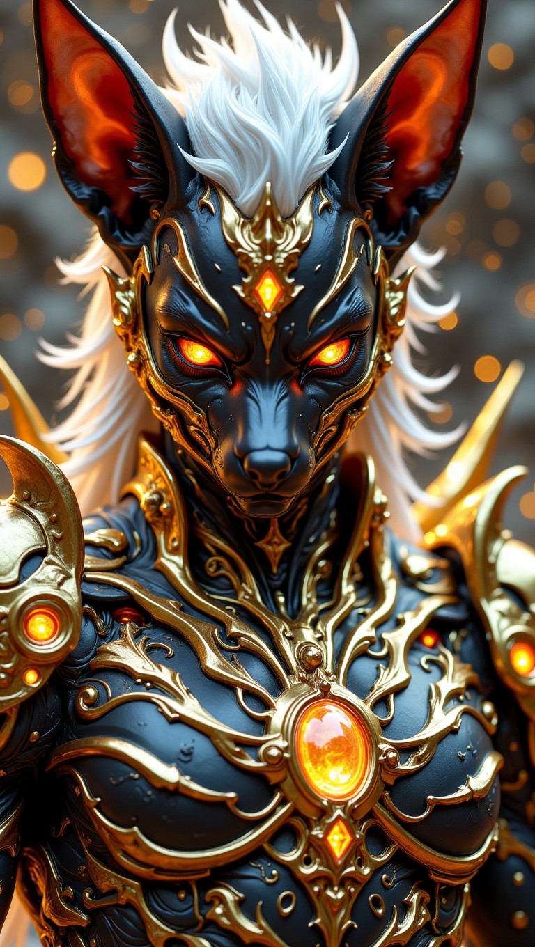A half-body close-up of a regal humanoid mecha warrior with fox-like ears and glowing orange eyes. Intricate black and gol...