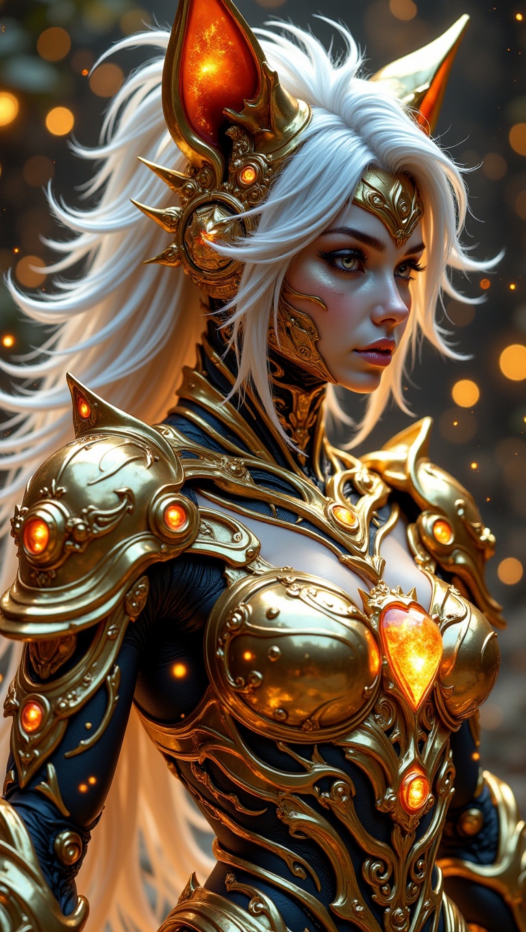 A half-body profile view of a celestial mecha guardian,  fox-like ears shining with golden filigree. Black and gold armor...
