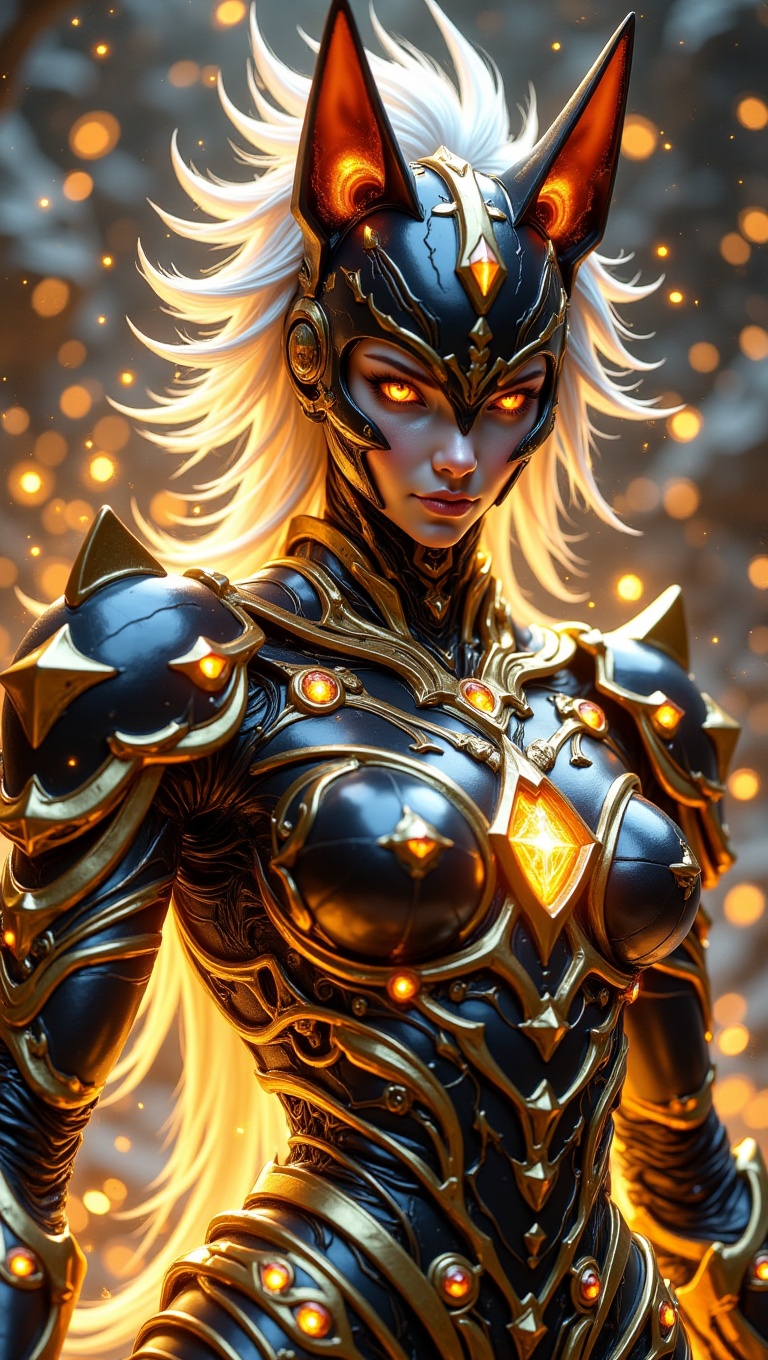 A half-body view of a diamond-armored mecha warrior in a battle stance,  fox-like ears raised,  glowing orange eyes locked...