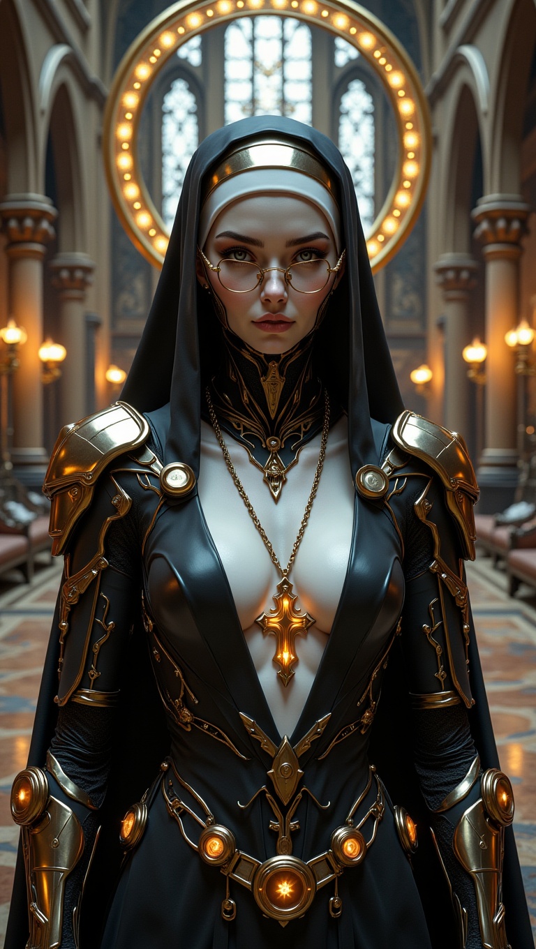 hyper-realistic cybernetic nun in a futuristic monastery,  half-human half-android female wearing a black and silver habit...
