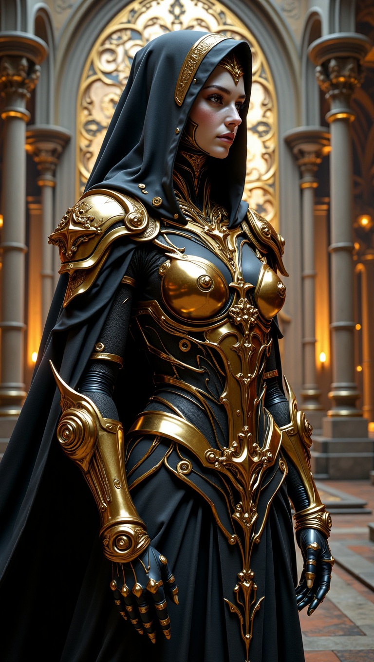 holy warrior nun cyborg,  gothic-futuristic design,  wearing an ornate religious habit with robotic limbs and golden cruci...