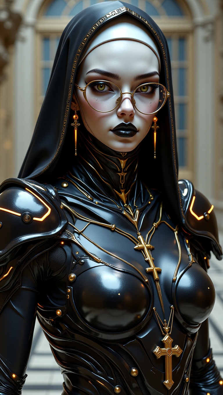 This image portrays a futuristic cyber-nun with a sleek,  elegant,  and high-tech design. The female figure has a near-per...
