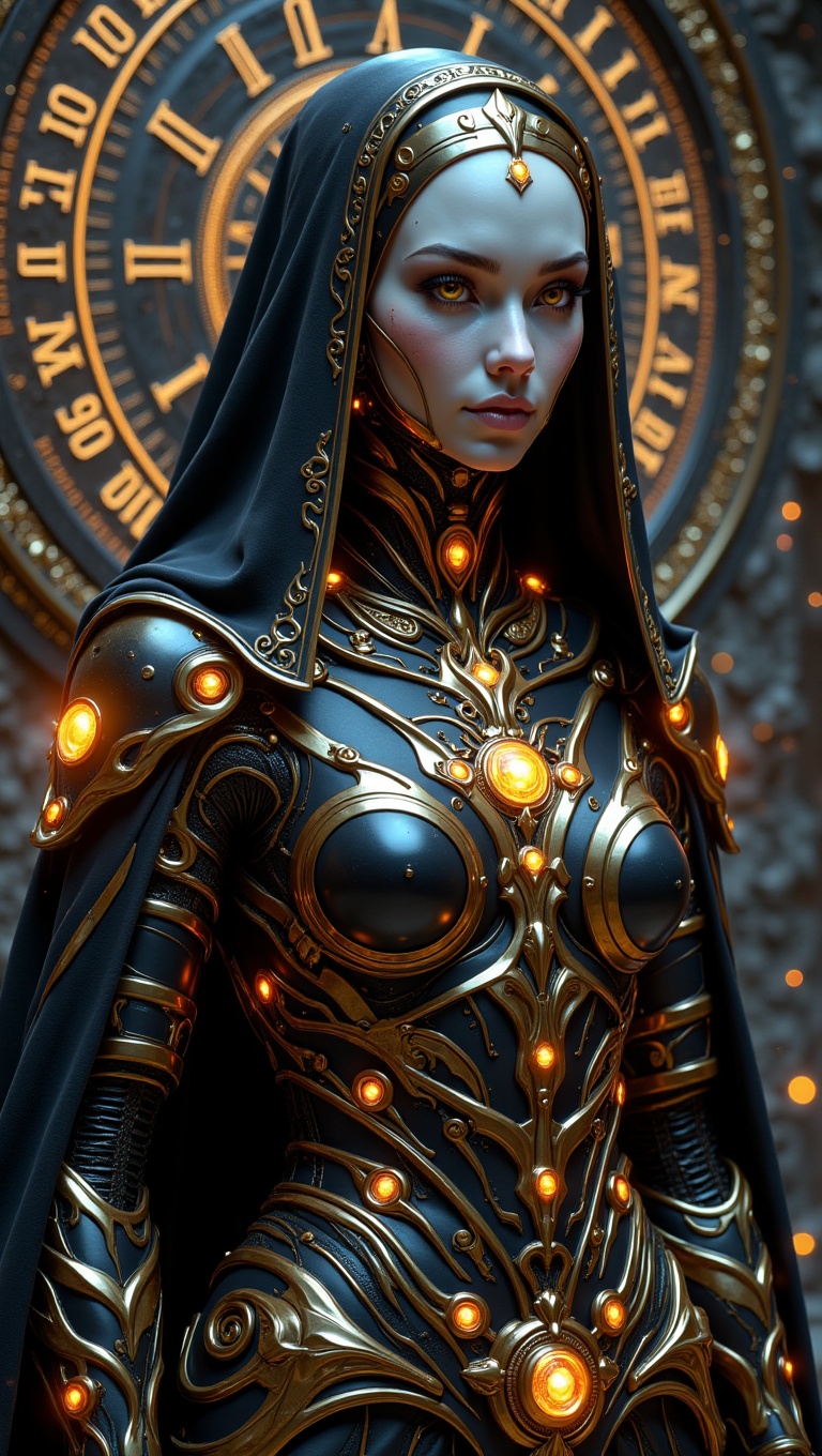 cybernetic priestess with divine aura,  close-up of female android nun wearing luminous black armor and spiritual jewelry,...