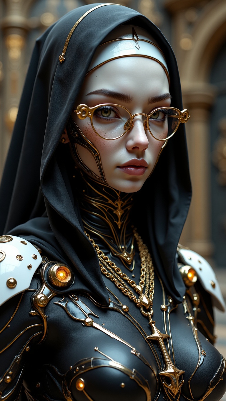 neo-gothic android nun,  blend of spirituality and technology,  wearing a futuristic veil on Tensor.Art