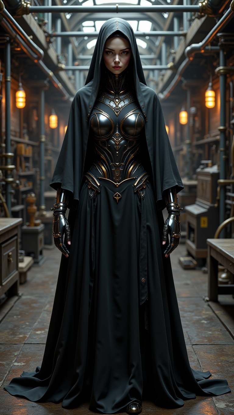 dark futuristic nun android,  spiritual yet mechanical,  wearing ceremonial black habit with cybernetic enhancements on Te...