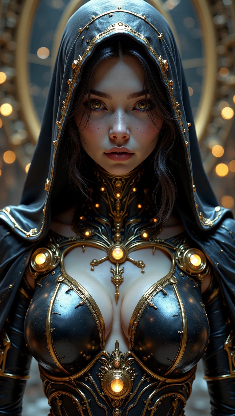 cybernetic priestess with divine aura,  close-up of female android nun wearing luminous black armor and spiritual jewelry,...