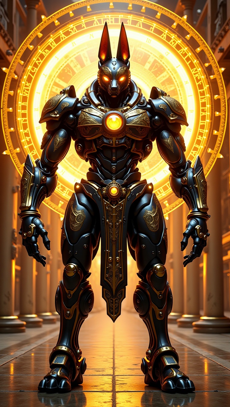 A colossal mecha Anubis warrior,  jackal head with glowing golden optics,  obsidian armor plated with ornate golden engrav...