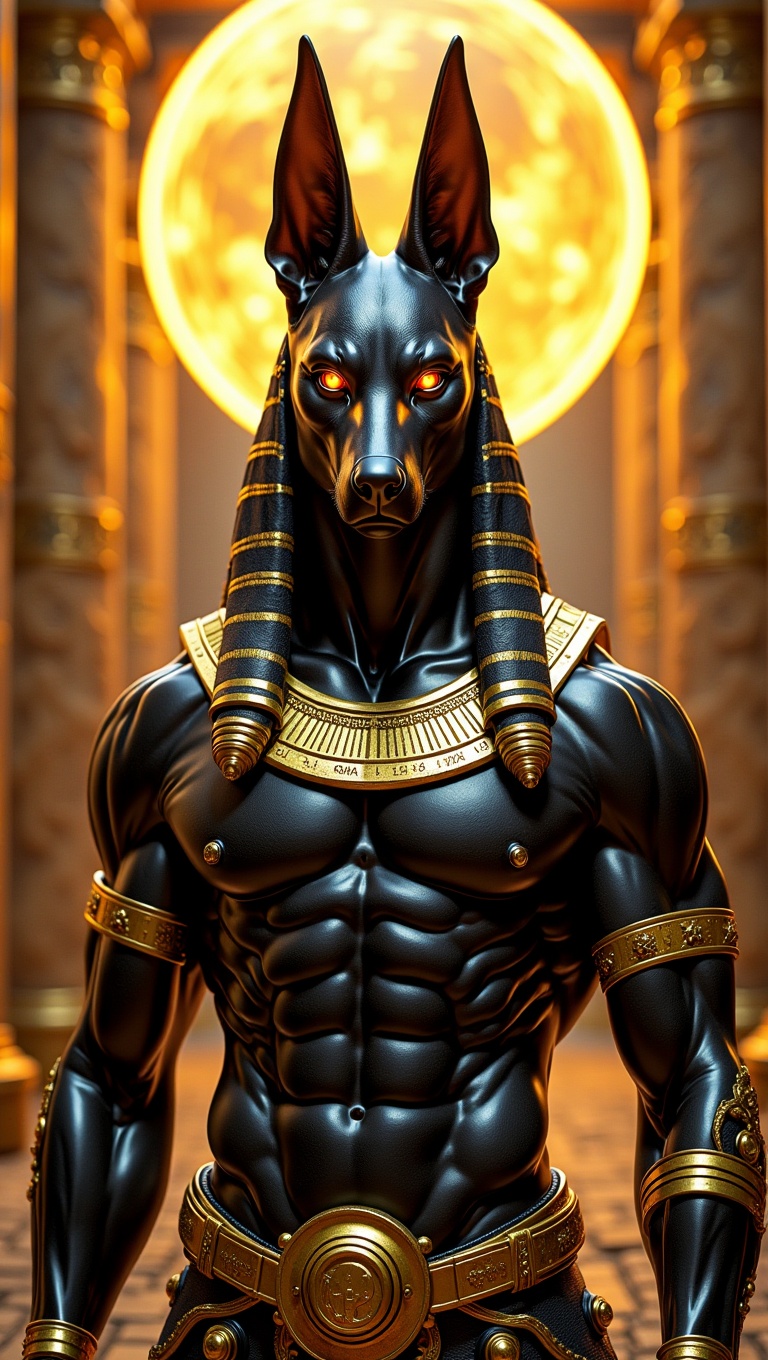 A humanoid black and gold godlike warrior inspired by Anubis,  with sleek jackal features integrated into a regal human-li...