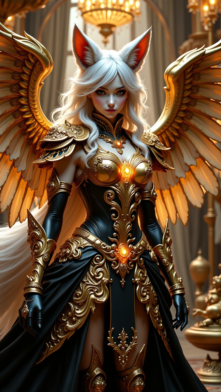 A divine fox-eared warrior adorned in extravagant baroque black and gold attire,  layered with swirling filigree,  pearl i...