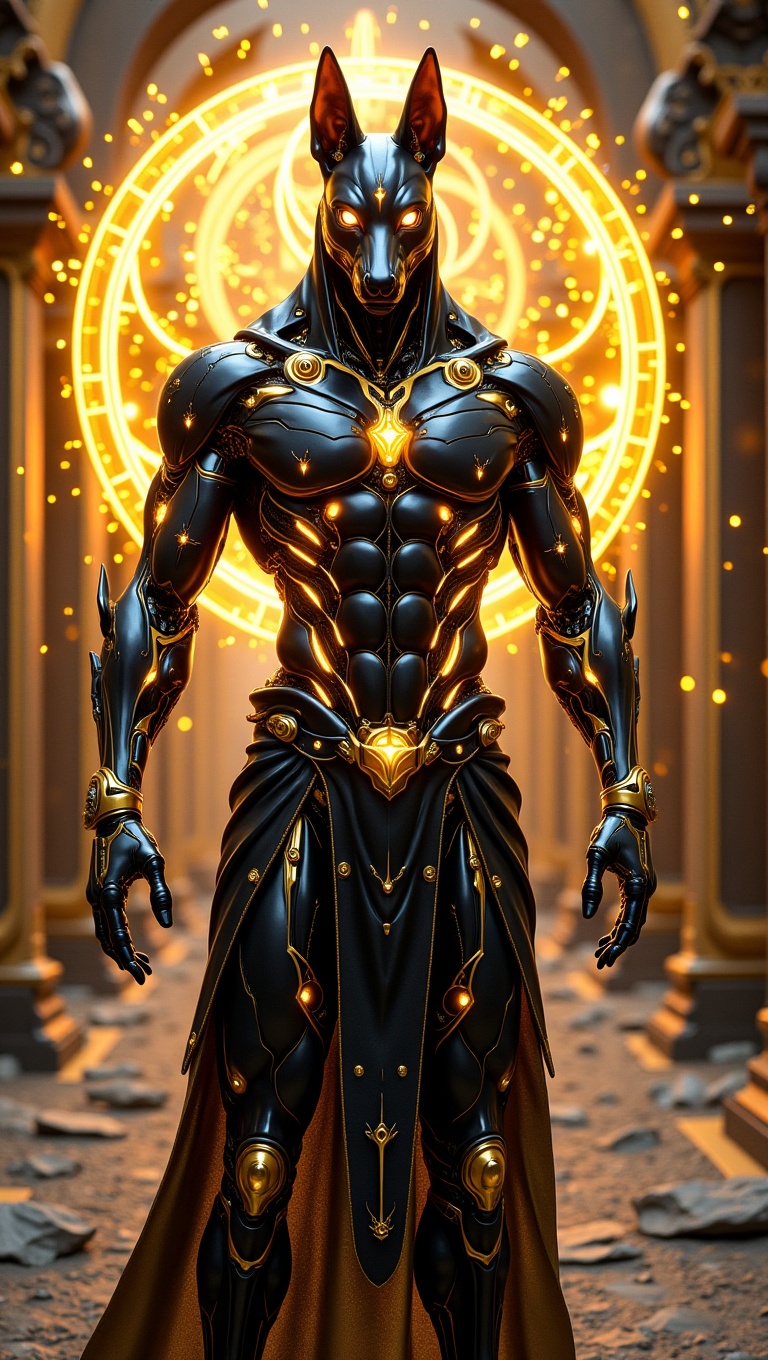 A cyborg Anubis deity,  half-organic half-machine,  obsidian-black body infused with golden cybernetic implants and biomec...