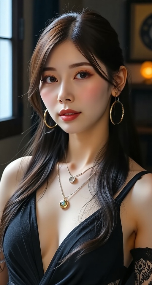 A high-resolution,  ultra-detailed image of 1girl solo long hair black hair jewelry earrings parody hoop earrings realisti...