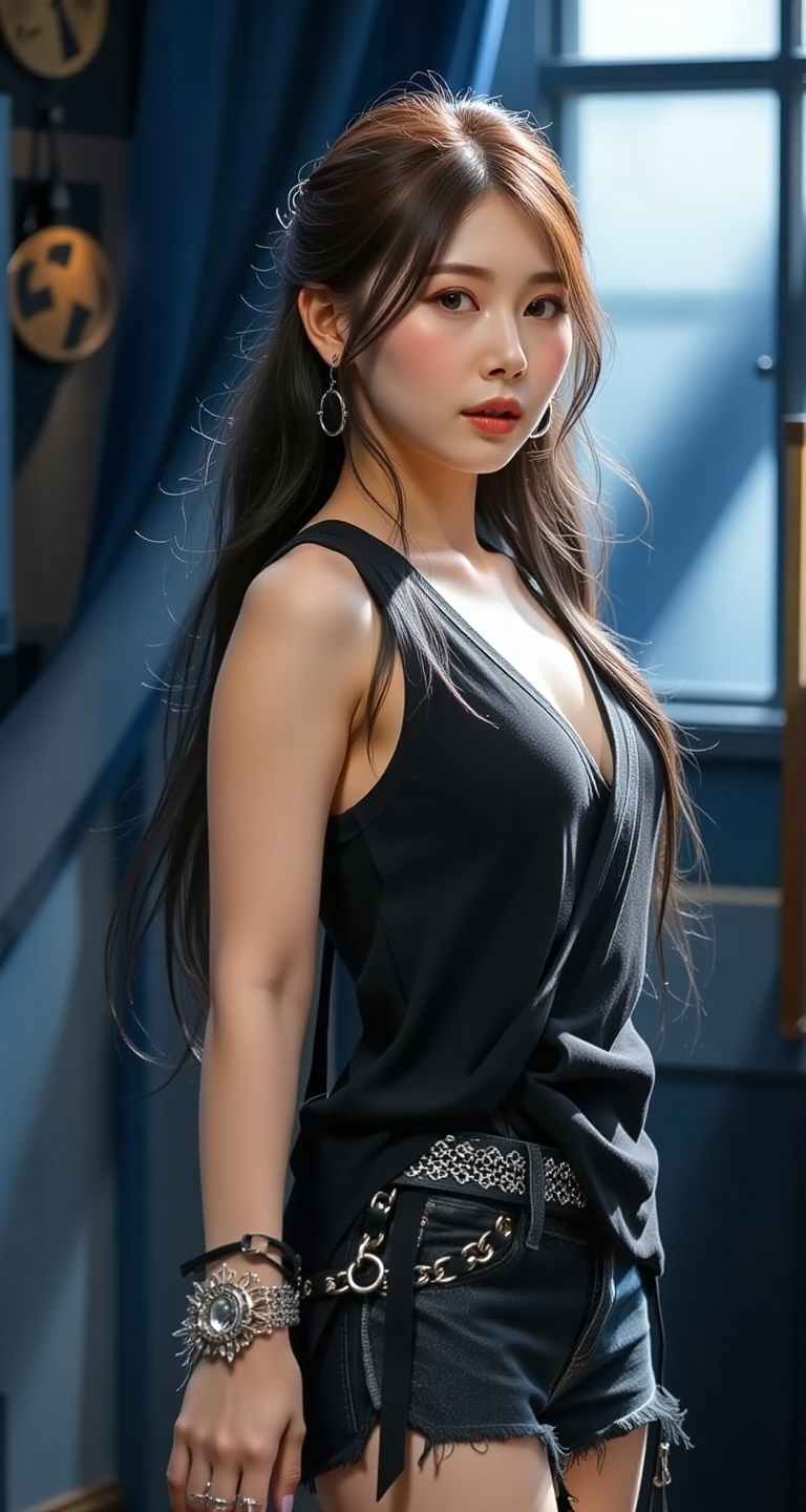 A high-resolution,  ultra-detailed image of 1girl solo long hair looking at viewer shirt black hair jewelry earrings short...