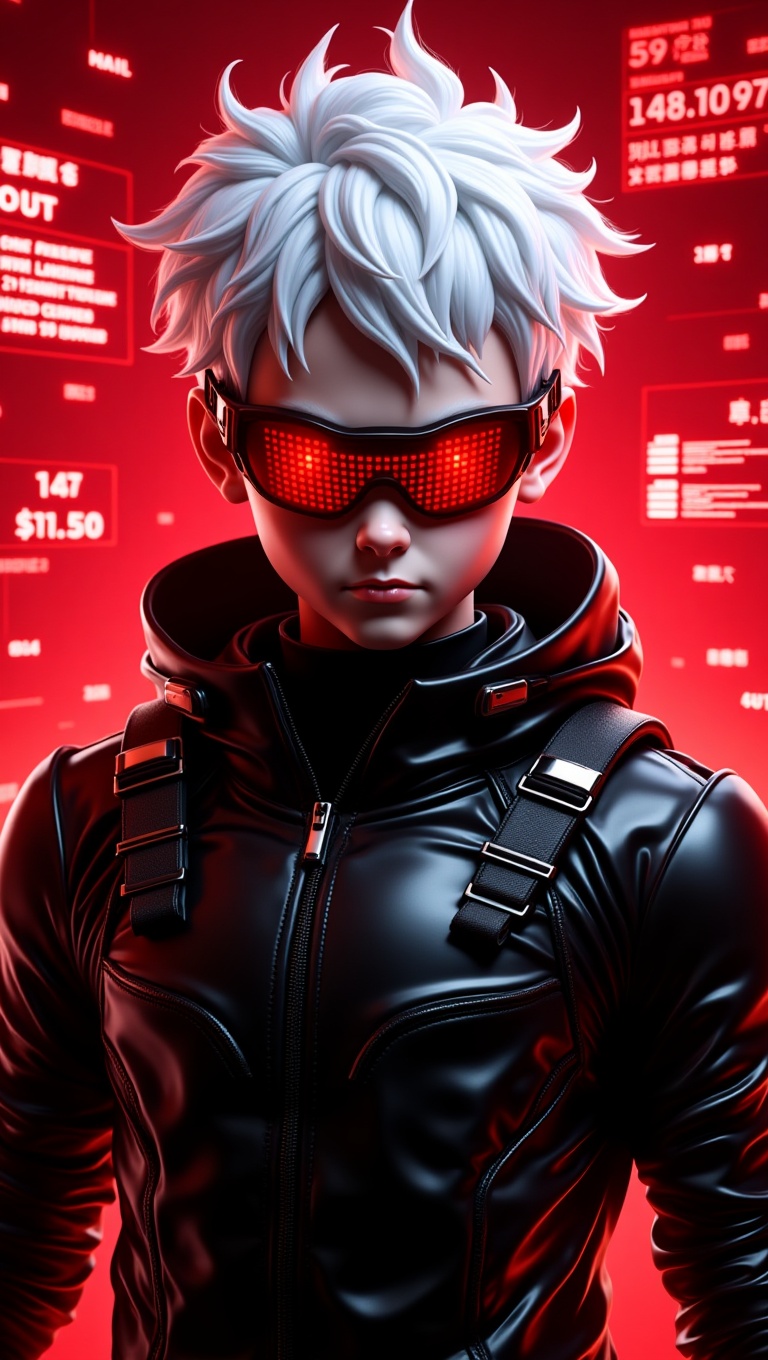 A hyper-realistic,  glossy-style wallpaper featuring a young villain in a dynamic action hero pose. He has pale white skin...