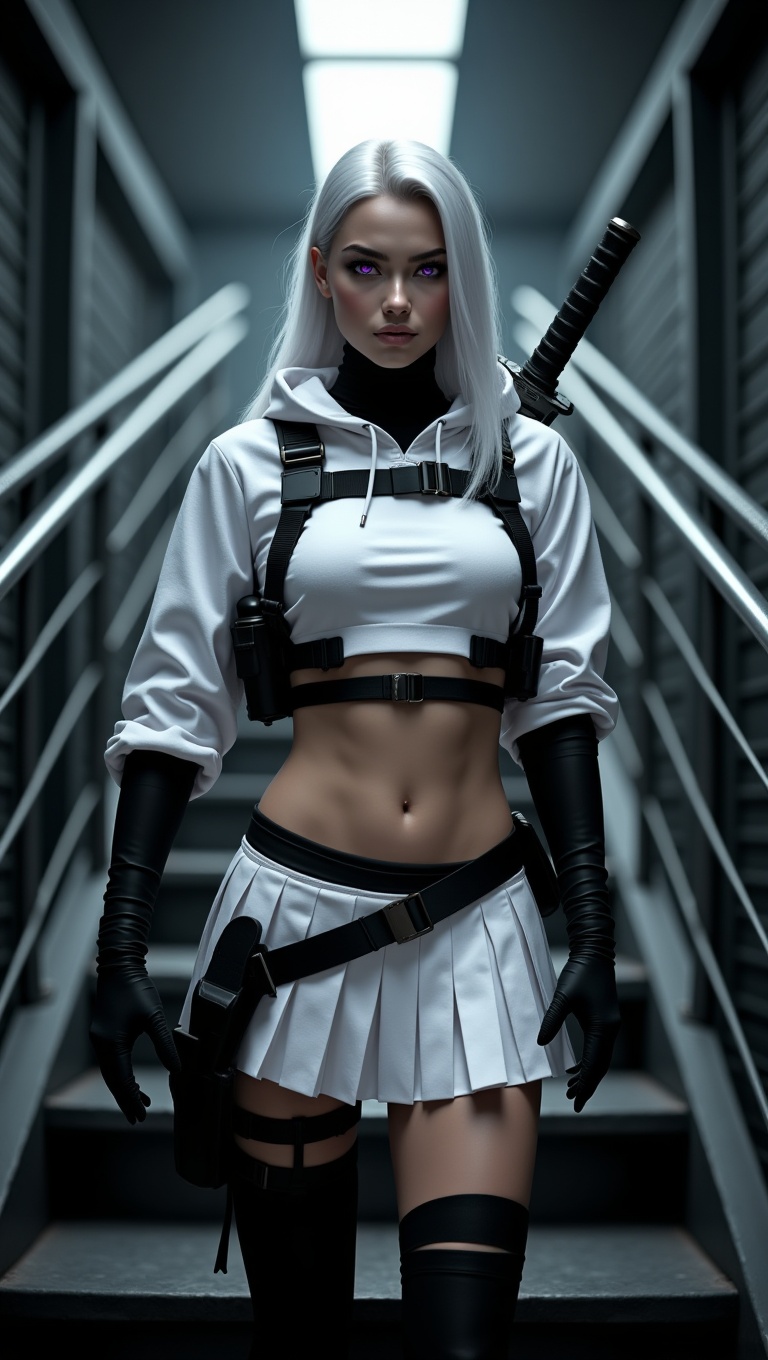 Full body portrait of a female **Tactical Operative** in an aggressive pose,  standing in a dark,  metallic **cyberpunk ur...