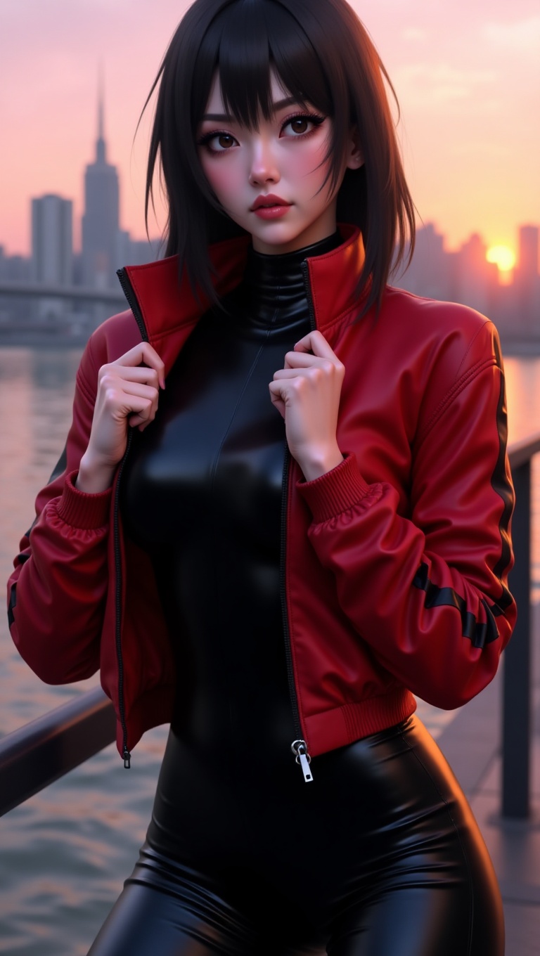 Misato Katsuragi fan art,  rendered as a photorealistic portrait. She is wearing a sleek,  modern iteration of her signatu...