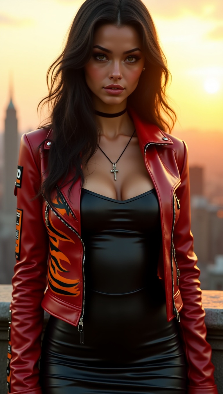 A hyper-realistic digital painting of a beautiful young woman with long dark hair,  standing outdoors against an urban sky...