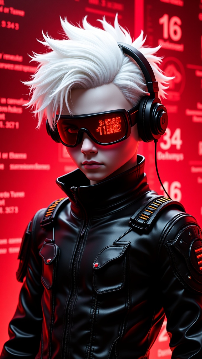 A hyper-realistic,  glossy-style wallpaper featuring a young villain in a dynamic action hero pose. He has pale white skin...