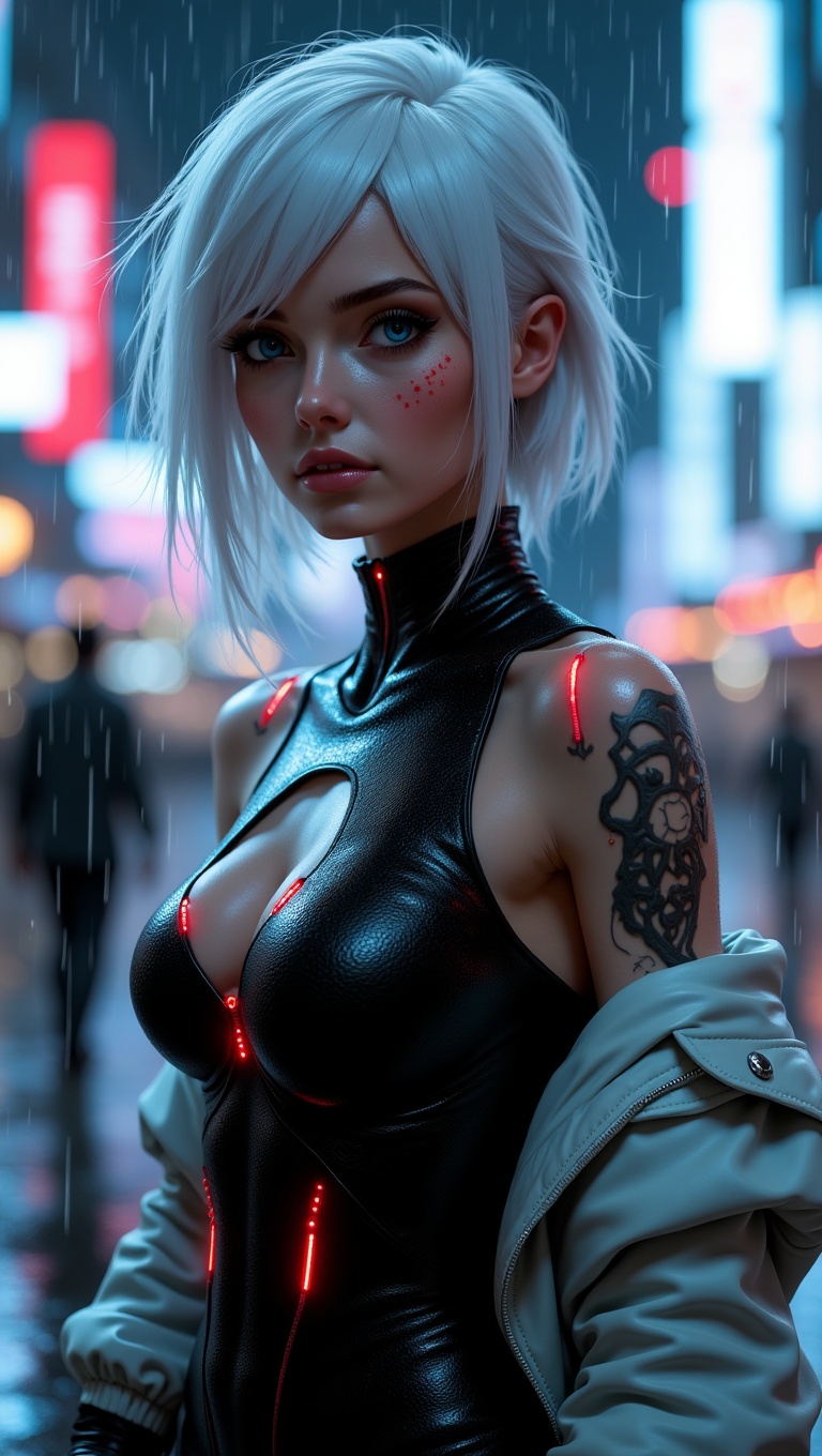 Photorealistic cinematic portrait of a beautiful female mercenary in a futuristic cyberpunk city at night,  rain-slicked a...