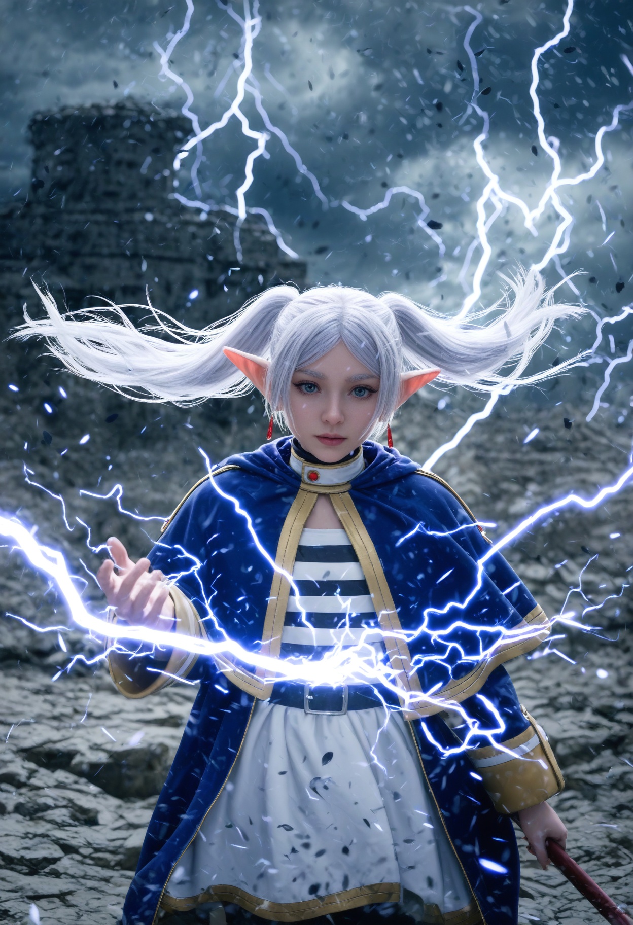 Frieren from Sousou no Frieren,  ,  long silver hair billowing in fierce wind on Tensor.Art