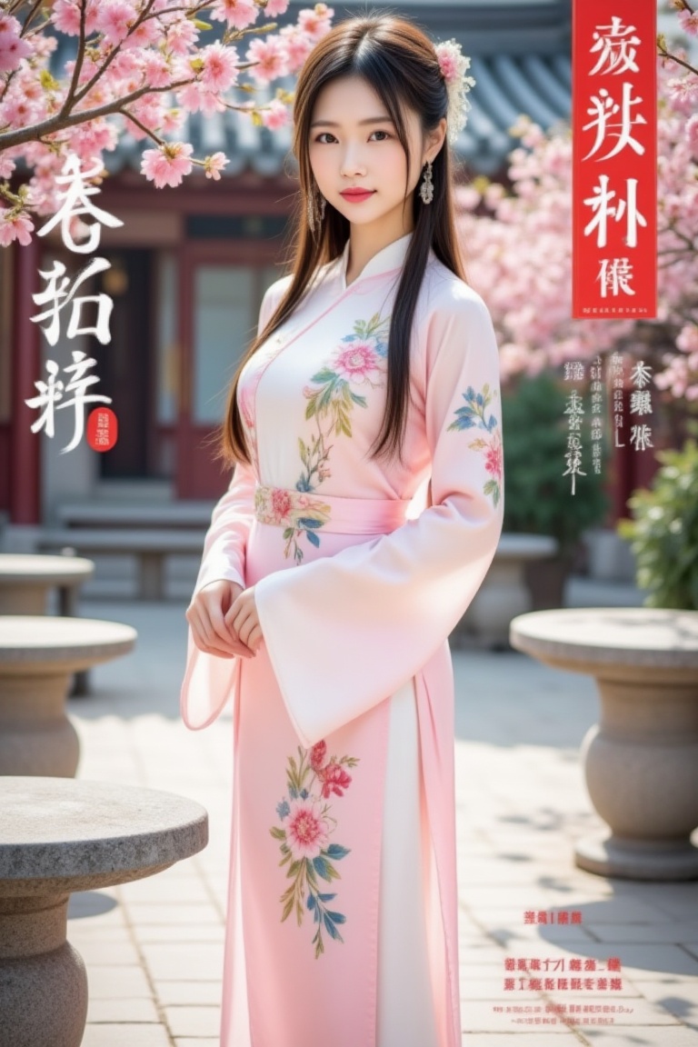 Magazine cover,  A beautiful girl in traditional Chinese style costumes,  standing in an ancient style courtyard surrounde...