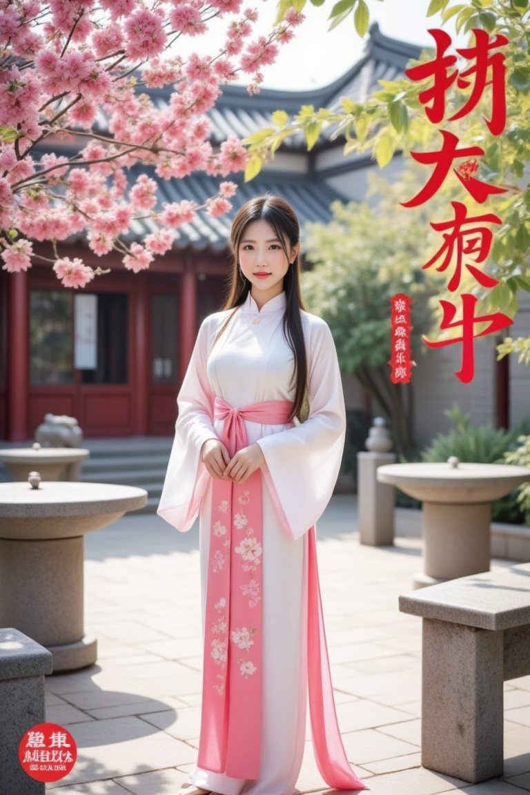 Magazine cover,  A beautiful girl in traditional Chinese style costumes,  standing in an ancient style courtyard surrounde...