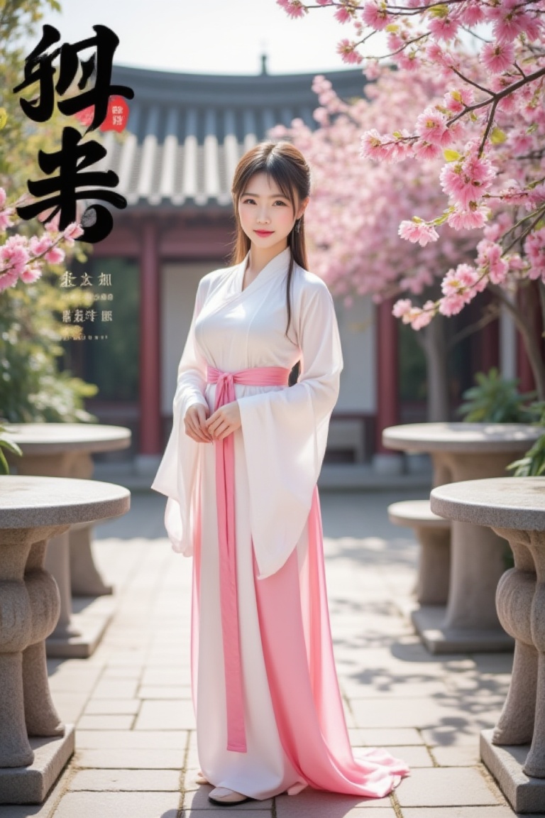 Magazine cover,  A beautiful girl in traditional Chinese style costumes,  standing in an ancient style courtyard surrounde...