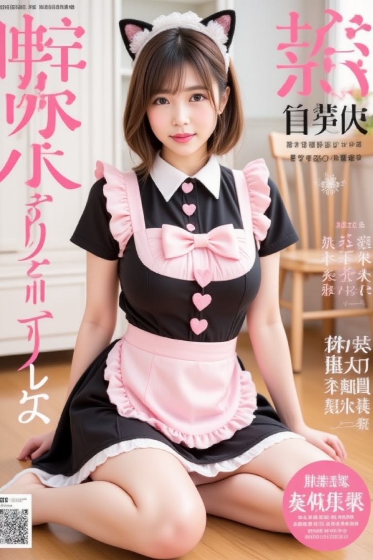 Magazine cover,  A sweet style shot is performed in a warm indoor home scene (with wooden floors,  simple white wardrobe a...